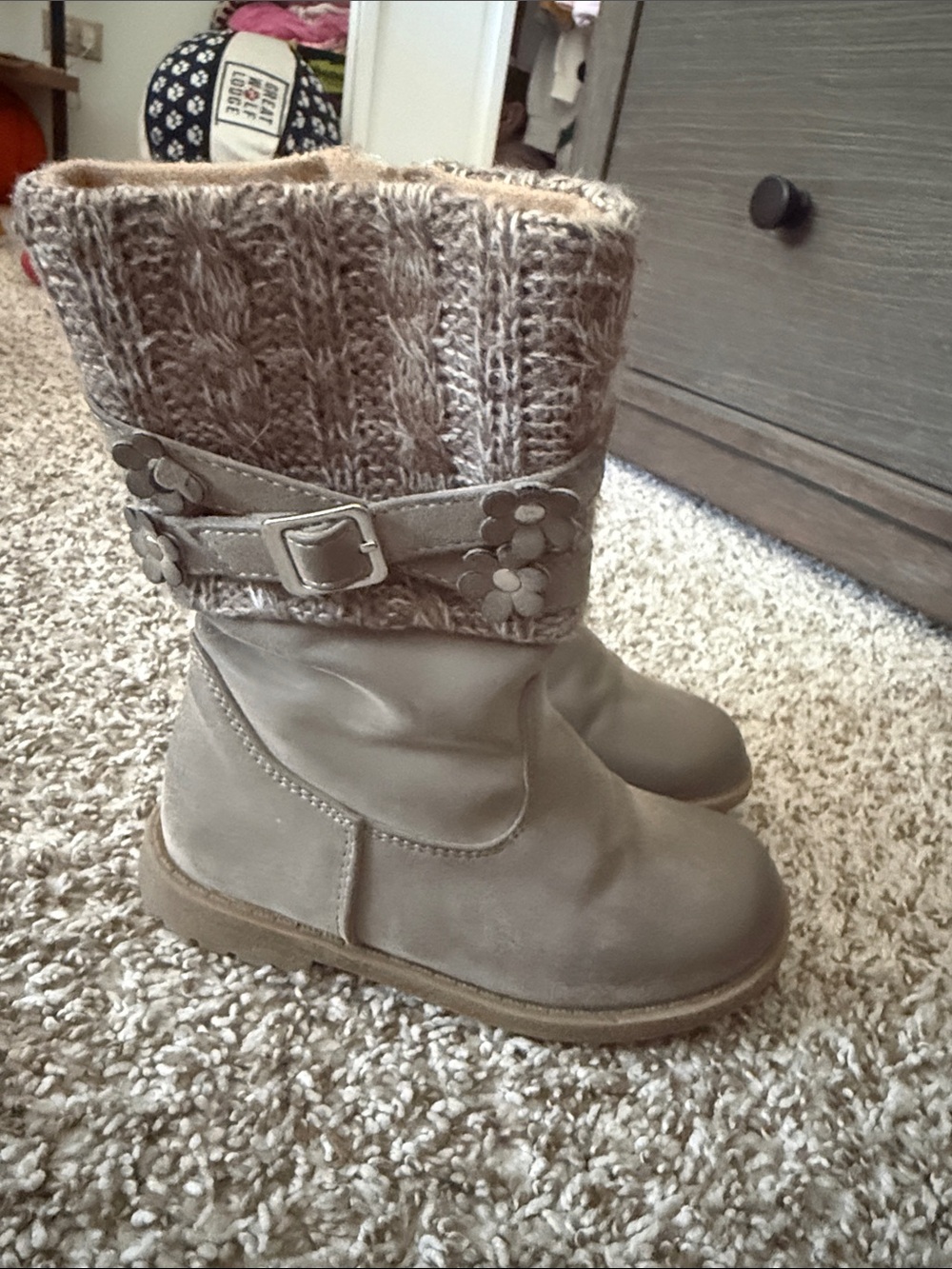 Cat & Jack Kids Knit Cuff Flower Strap Boots - Taupe